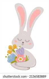 Kaninchen, die Blumenstrauß halten. Vektorgrafik mit süßem lächelndem Kaninchen.