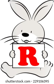 rabbit holding a card with letter R