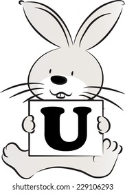 rabbit holding a card with letter u