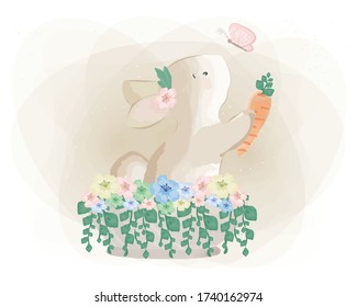 A Rabbit Holding Carrot with Butterflies and Flowers Around It