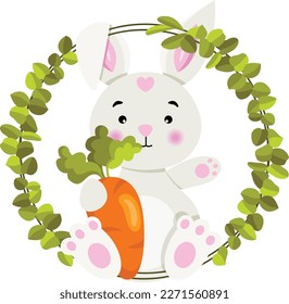 Rabbit holding a carrot in the frame of green leaves
