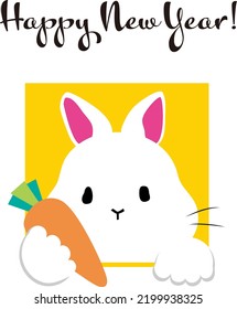 A rabbit holding a carrot in a square window