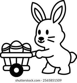 A rabbit is holding a cart full of eggs. The rabbit is smiling and he is happy. The scene is cheerful and lighthearted, with the rabbit being the main focus of the image