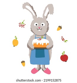 The rabbit is holding a delicious pie. Children's illustration