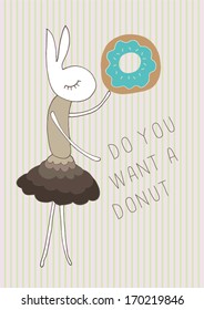rabbit holding donut poster template vector/illustration / background/ greeting card