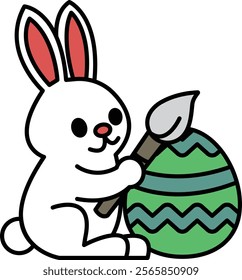 A rabbit is holding an easel brush and painting an egg. The rabbit is cute and playful, and the painting of the egg is whimsical and lighthearted