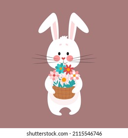 Rabbit holding an Easter basket with flowers. Vector illustration in flat cartoon style.