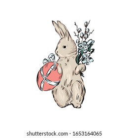 Rabbit holding easter egg and bouquet with willow branch and flowers.