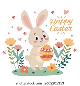 A rabbit holding an Easter egg in a field of flowers