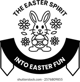 A rabbit holding an Easter egg with flowers in the background