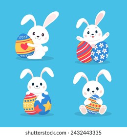 Rabbit Holding Easter Eggs Illustration Collection Set