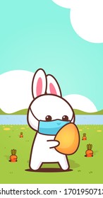rabbit holding egg wearing face mask to prevent coronavirus happy easter bunny sticker spring holiday concept landscape background vertical greeting card vector illustration