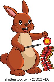 Rabbit Holding Fireworks Cartoon Colored Clipart 