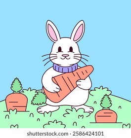 Rabbit holding a giant carrot in the carrot garden in cartoon hand drawn illustration vector