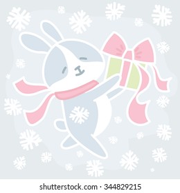 Rabbit holding a gift - vector illustration