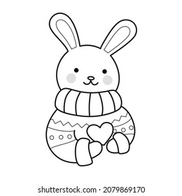 Rabbit holding heart. Cute cartoon bunny character. Funny outline illustration. Vector isolated emblem for logo, coloring book, tattoo, print.