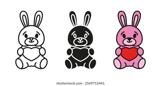 Rabbit holding heart icon. Cute bunny toy with heart vector illustration. Valentine gift or present symbol. Romantic love adorable animal character. Pink easter bunny rabbit sign. Cheerful teddy bear.