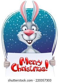 Rabbit holding Merry Christmas banner