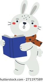 Rabbit holding an open book, rounded shapes, flat shading, clean outlines, scarf detail, friendly character. Bunny studies a novel, smooth curves, soft edges. Cartoon vector illustration