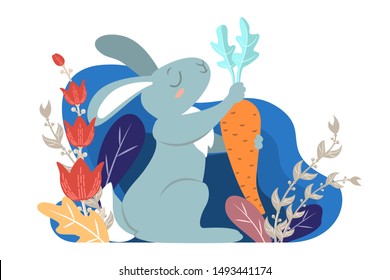 Rabbit holding in the paws a carrot. Flat style. Vector