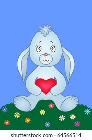 Rabbit holding in paws red heart, siting on a flower meadow