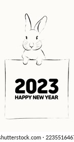 a rabbit holding a piece of paper.Happy New Year, New Year's card, thank you card.New Year