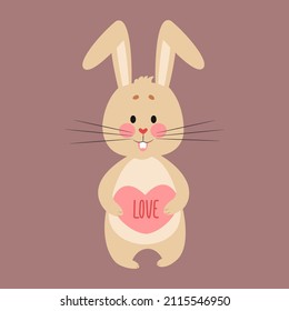 Rabbit holding a pink heart. Vector illustration in flat cartoon style.