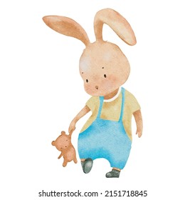 Rabbit holding teddy bear,Watercolor hand paint Cartoon bunny playing with brown bear,Cute animal character element for Easter card,Spring,Summer,Vector illustration isolated on white background