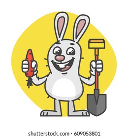 Rabbit Holds Carrot and Shovel. Vector Illustration. Mascot Character.