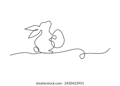 Rabbit holds Easter egg. One line minimalist design. Joyful spring symbol. Vector illustration. EPS 10.