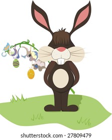 Rabbit holds a flower with Easter eggs