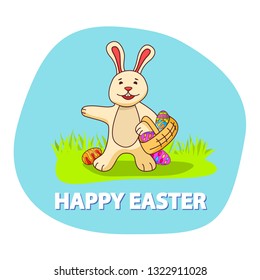 The rabbit holds in hand a basket with Easter eggs. The poster is festive spring. Egg with an ornament lies on a grass. A flat vector an illustration with a hare lovely the cartoon the character.