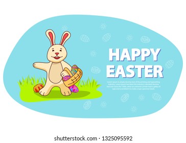 The rabbit holds in hand a basket with Easter eggs. The poster is festive spring. Egg with an ornament lies on a grass. A flat vector an illustration with a hare lovely the cartoon the character.