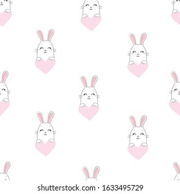 Rabbit holds a huge heart. Pattern.Pink background.For prints, book illustrations, packaging material, textiles.Vector illustration.
