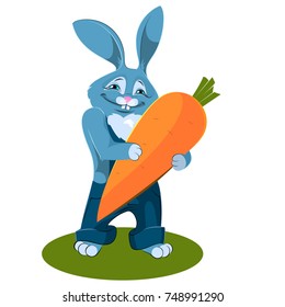 Rabbit holds a large carrot. Vector drawing of a  cartoon character. A cute rabbit is dressed in a jumpsuit, like a farmer.