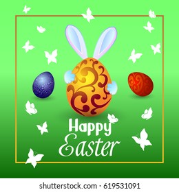 The rabbit holds a large Easter egg in his hands, butterflies fly around. He looks at his ears and paws. On a green background. A postcard with a happy Easter. Vector illustration.