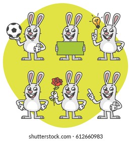 Rabbit Holds Soccer Ball Empty Nameplate Flower Set Characters. Vector Illustration. Mascot Character.