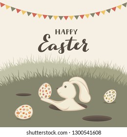 Rabbit in the hole with colored eggs, pennants and lettering Happy Easter, illustration.