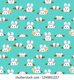 Rabbit in hole, cute cartoon seamless pattern, Happy Easter kids and baby texture background vector illustration