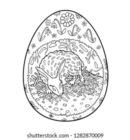 Rabbit in the hole in the spring. Hand draw illustration in egg shaped, Easter thematic. Vector design element for coloring book, page.