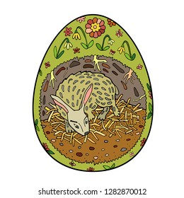 Rabbit in the hole in the spring. Hand draw illustration in egg shaped, Easter thematic. Vector design element, colored illusration.