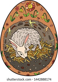 Rabbit in a hole under the ground in the spring. Hand draw illustration in egg shaped, Easter thematic. Vector design element, colored illusration.