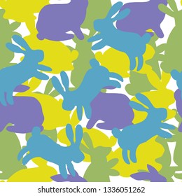 Rabbit hopping purple green silhouette seamless pattern vector