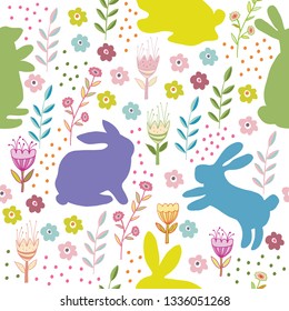 Rabbit hopping purple green silhouette floralseamless pattern vector