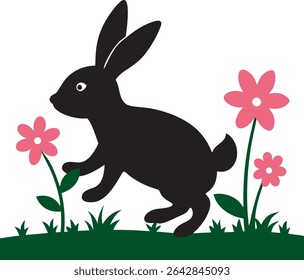 Rabbit Hopping Through Flower Meadow Silhouette Vector