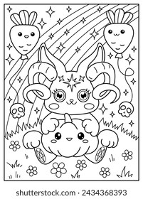 Rabbit with horns and pumpkin. Carrot balloons. Coloring book for children. Coloring book for adults. Halloween.