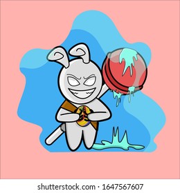 Kaninchen-Horrorclown mit Süßigkeiten auf handdrucktem Hintergrund einzeln. Trendkaninchen. Kaninchen mit Süßigkeiten. Comic Book-Ccketch-Vektorillustration.