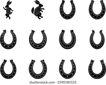 Rabbit and Horseshoe Design Set Black and White Vector Illustrations