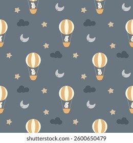 Rabbit in hot air balloon cartoon so cute. On star moon cloud background. Pattern seamless vector illustration. 