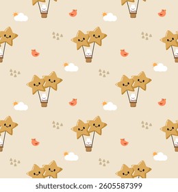 Rabbit in hot air balloon star cartoon so cute. On bird cloud sun background. Pattern seamless vector illustration. 